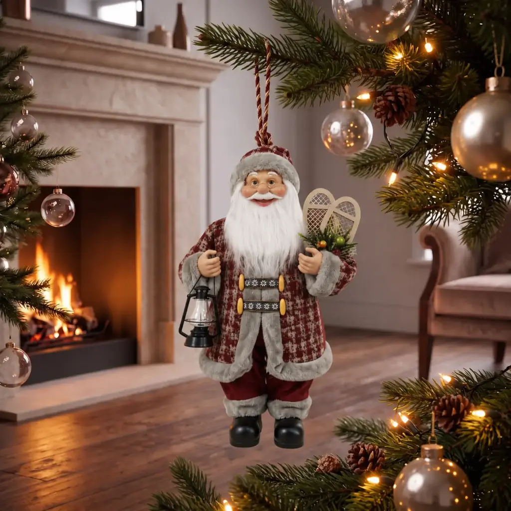 360 HOME CHRISTMAS Santa Ornament BURGUNDY AND CREAM PLAID COAT WHITE FUR TRIM RED PANT 20CM 48PCS/BOX