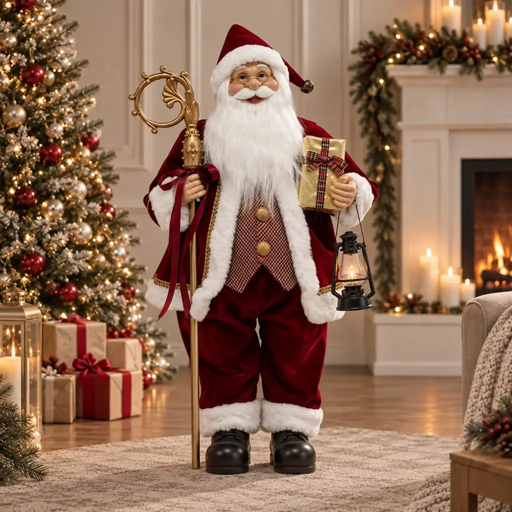 360 HOME CHRISTMAS standing santa RED VELVET SUIT HOLDING LANTERN IN HAND 110CM 2PCS/BOX