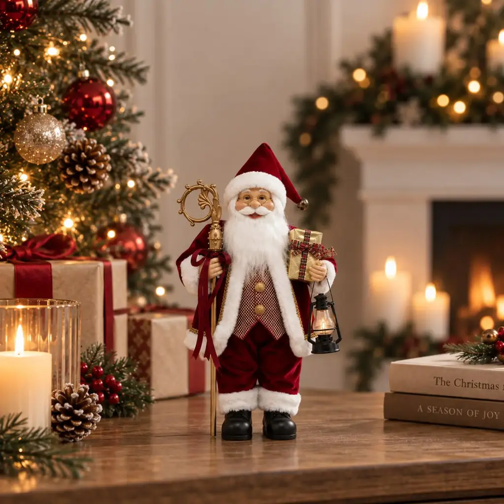 360 HOME CHRISTMAS STANDING SANTA RED VELVET SUIT HOLDING LANTERN IN HAND  45CM 12PCS/BOX