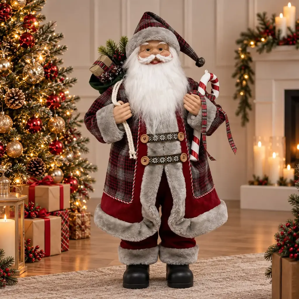 360 HOME CHRISTMAS standing santa BURGUNDY COAT GREY PLAID HAT AND PANT HOLDING CANDY CANE 110CM 2PCS/BOX