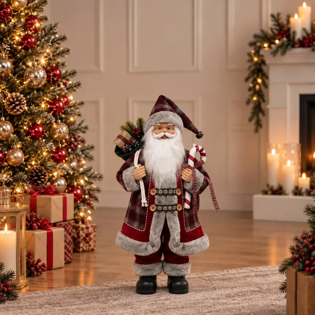 360 HOME CHRISTMAS standing santa BURGUNDY COAT GREY PLAID HAT AND PANT HOLDING CANDY CANE 60CM 4PCS/BOX