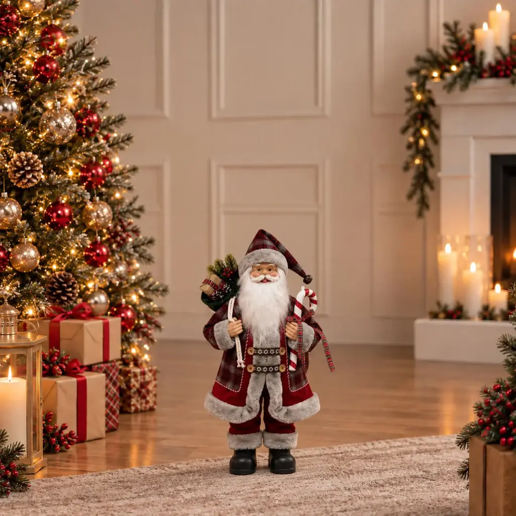 360 HOME CHRISTMAS standing santa BURGUNDY COAT GREY PLAID HAT AND PANT HOLDING CANDY CANE 45CM 12PCS/BOX