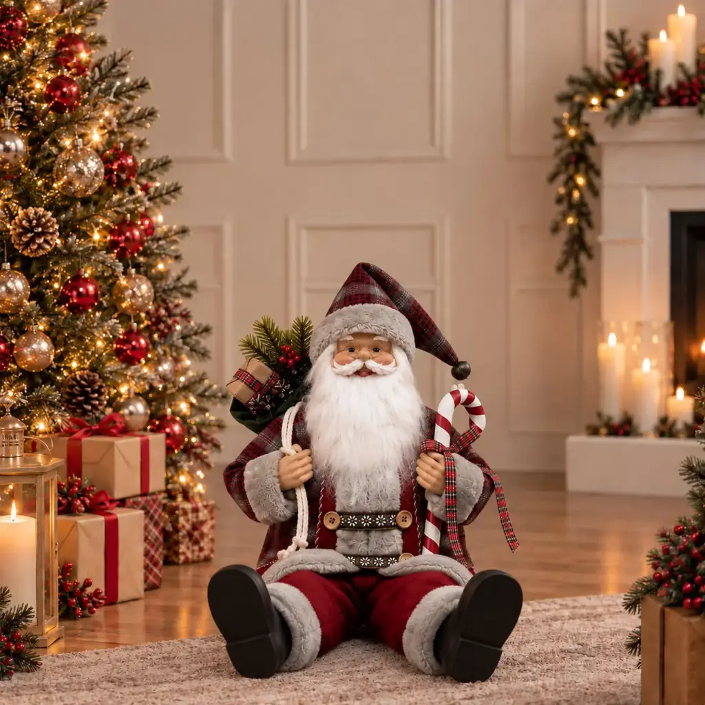 360 HOME CHRISTMAS Sitting santa BURGUNDY COAT GREY PLAID HAT AND PANT HOLDING CANDY CANE 45CM 12PCS/BOX