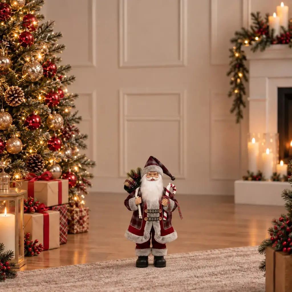 360 HOME CHRISTMAS standing santa BURGUNDY COAT GREY PLAID HAT AND PANT HOLDING CANDY CANE 30CM 24PCS/BOX