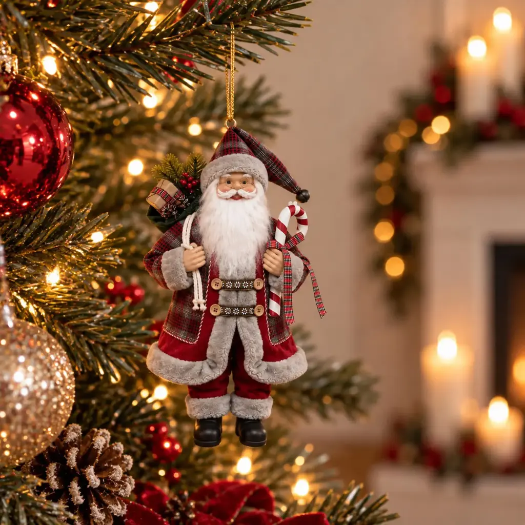 360 HOME CHRISTMAS Santa Ornament BURGUNDY COAT GREY PLAID HAT AND PANT HOLDING CANDY CANE 20CM 48PCS/BOX