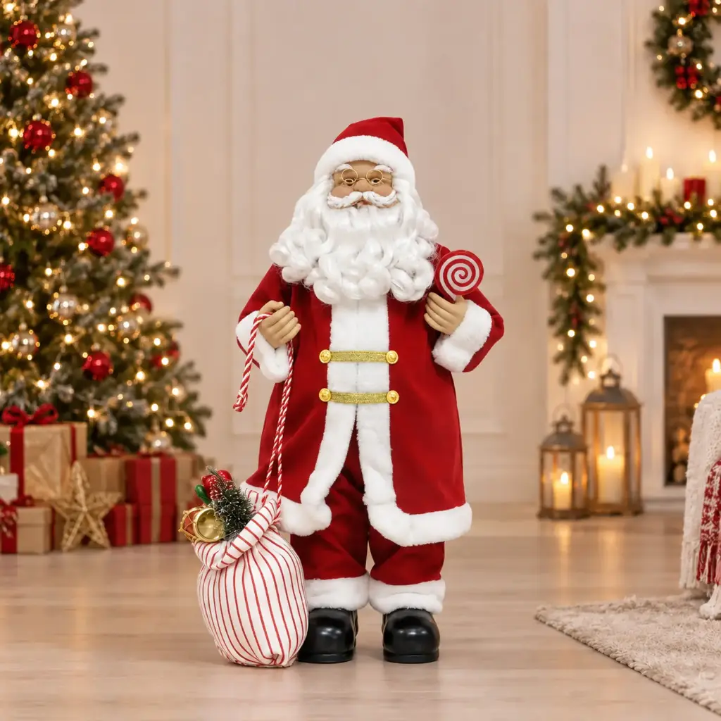 360 HOME CHRISTMAS standing santa RED SUIT WHITE FUR TRIM HOLDING RED & WHITE BAG 80CM 3PCS/BOX