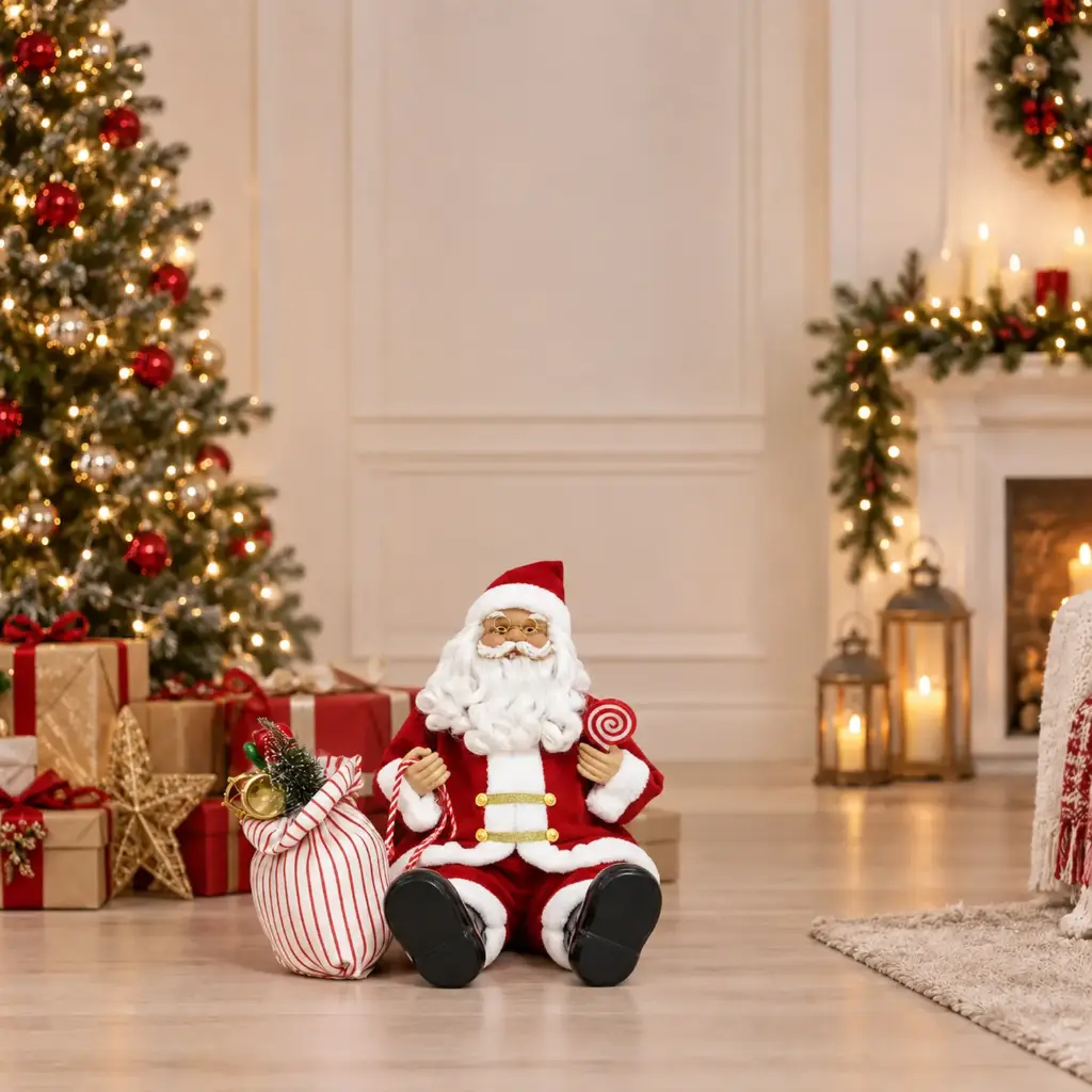 360 HOME CHRISTMAS Sitting santa RED SUIT WHITE FUR TRIM HOLDING RED & WHITE BAG 45CM 12PCS/BOX