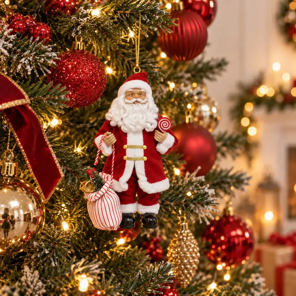 360 HOME CHRISTMAS Santa Ornament RED SUIT WHITE FUR TRIM HOLDING RED & WHITE BAG 20CM 48PCS/BOX
