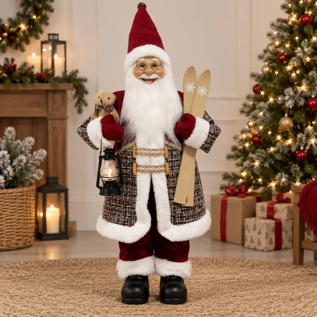 360 HOME CHRISTMAS standing santa RED VELVET SUIT WHITE FUR TRIM PLAID WAISTCOAT RED HAT HOLDING TEDDY BEAR 110CM 2PCS/BOX