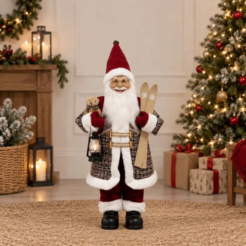 360 HOME CHRISTMAS standing santa RED VELVET SUIT WHITE FUR TRIM PLAID WAISTCOAT RED HAT HOLDING TEDDY BEAR 80CM 3PCS/BOX
