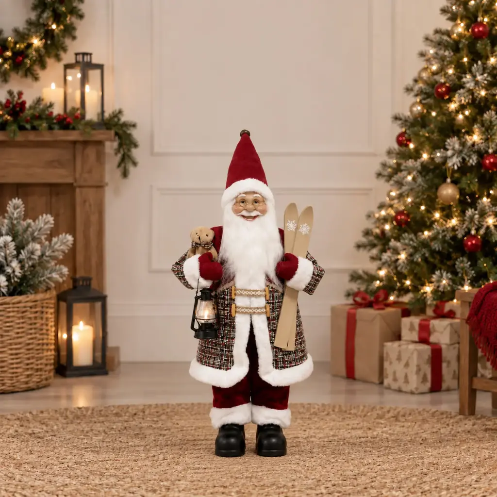 360 HOME CHRISTMAS standing santa RED VELVET SUIT WHITE FUR TRIM PLAID WAISTCOAT RED HAT HOLDING TEDDY BEAR 60CM 4PCS/BOX