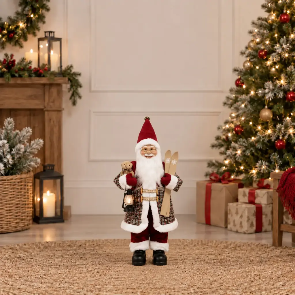 360 HOME CHRISTMAS standing santa RED VELVET SUIT WHITE FUR TRIM PLAID WAISTCOAT RED HAT HOLDING TEDDY BEAR  45CM 12PCS/BOX