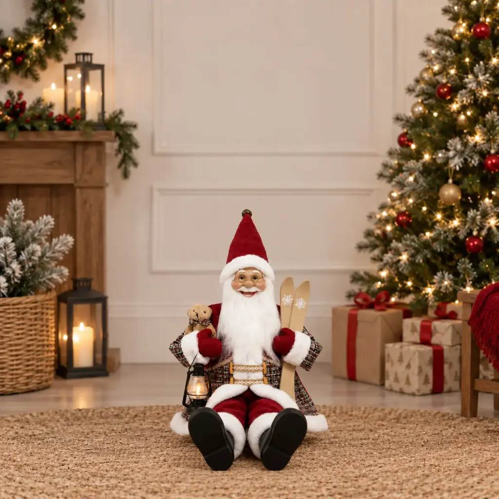 360 HOME CHRISTMAS Sitting santa RED VELVET SUIT WHITE FUR TRIM PLAID WAISTCOAT RED HAT HOLDING TEDDY BEAR 45CM 12PCS/BOX