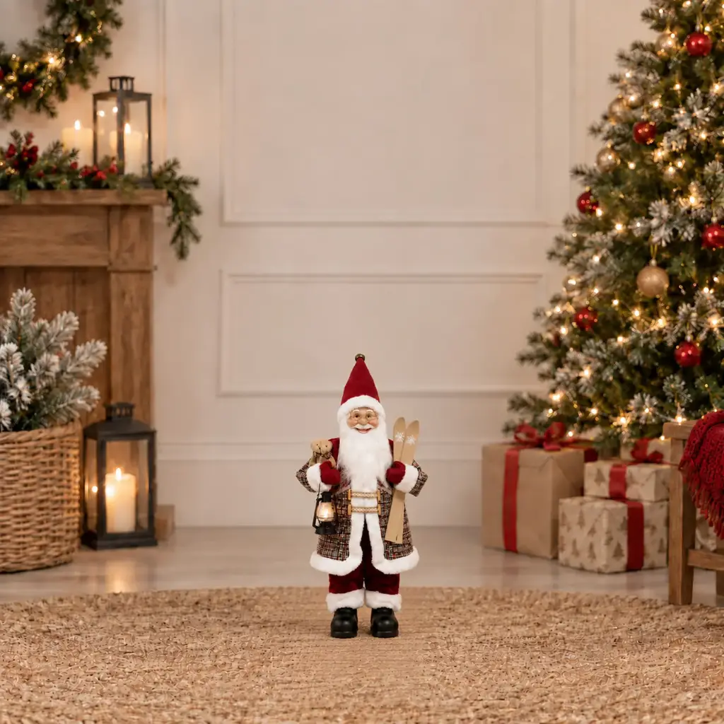 360 HOME CHRISTMAS standing santa RED VELVET SUIT WHITE FUR TRIM PLAID WAISTCOAT RED HAT HOLDING TEDDY BEAR 30CM 24PCS/BOX