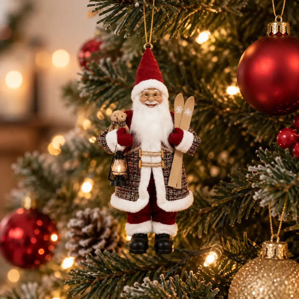 360 HOME CHRISTMAS Santa Ornament RED VELVET SUIT WHITE FUR TRIM PLAID WAISTCOAT RED HAT HOLDING TEDDY BEAR 20CM 48PCS/BOX