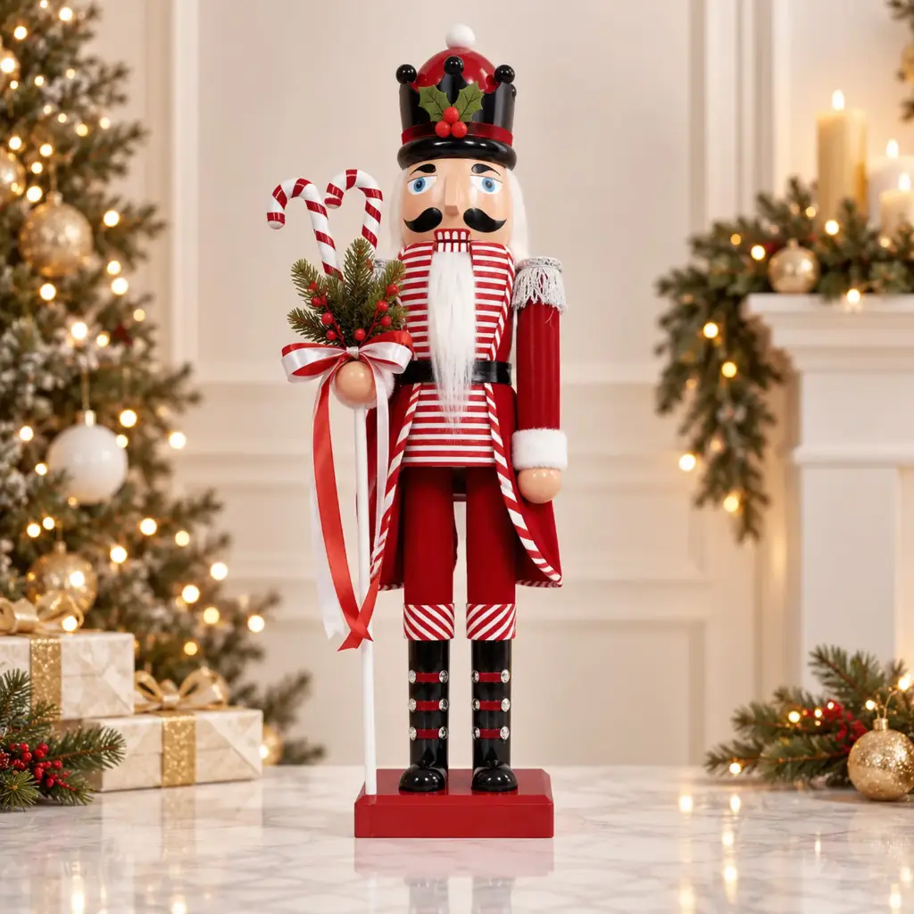 360 HOME CHRISTMAS plastic Nutcracker RED & WHITE STRIPE UNIFORM BLACK HAT 80CM 2PCS/BOX