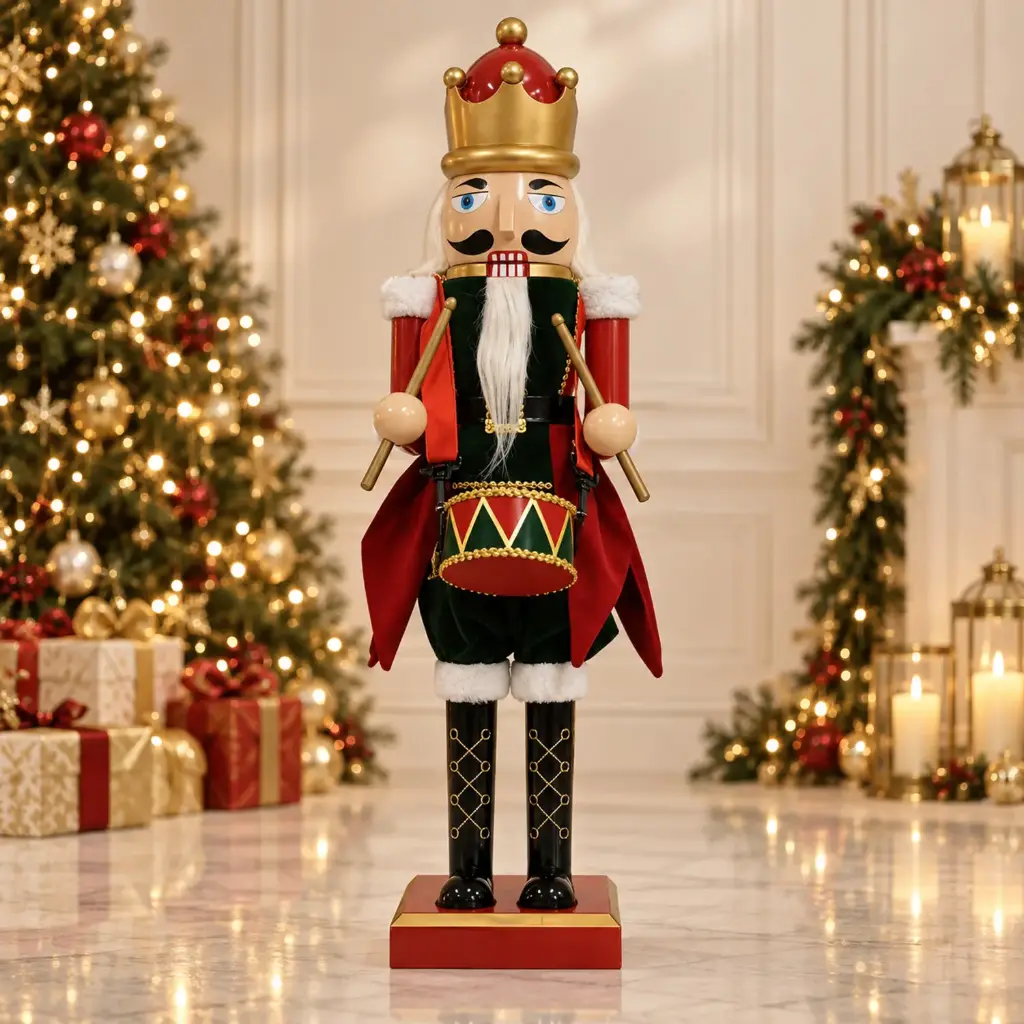 360 HOME CHRISTMAS plastic Nutcracker RED & BLACK UNIFORM TALL GOLD CROWN HOLDING DRUMSTICK 80CM 2PCS/BOX