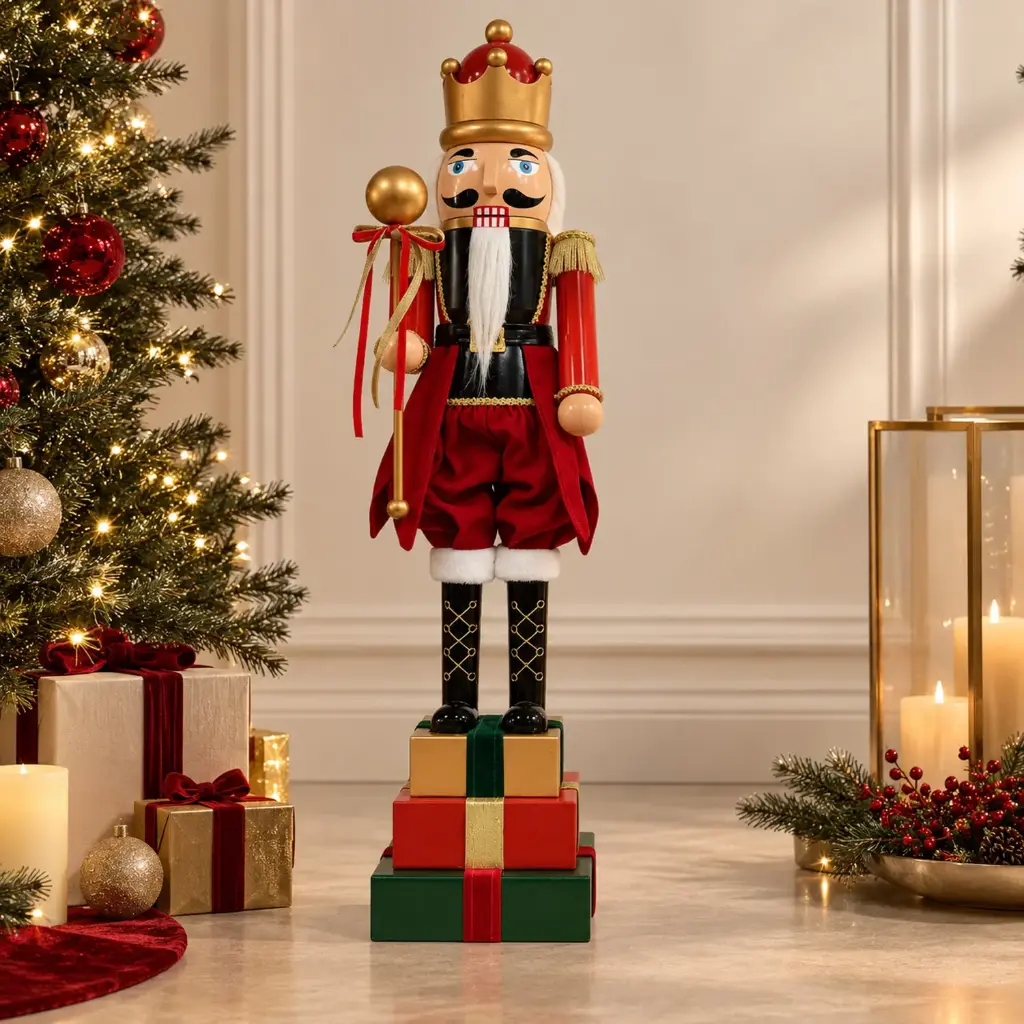 360 HOME CHRISTMAS plastic Nutcracker RED MILITARY-STYLE GREEN & RED WRAPPED BOXES BASE 80CM 2PCS/BOX