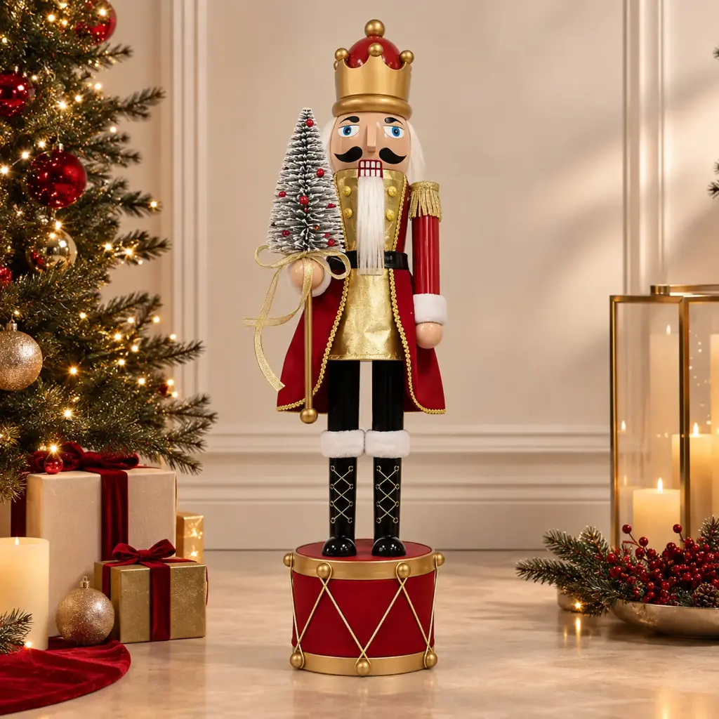 360 HOME CHRISTMAS plastic Nutcracker GOLD & RED MILITARY-STYLE UNIFORM RED DRUM BASE  80CM 2PCS/BOX