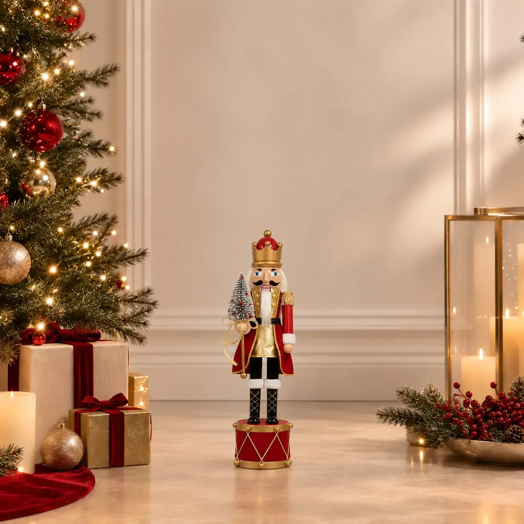 360 HOME CHRISTMAS plastic Nutcracker GOLD & RED MILITARY-STYLE UNIFORM RED DRUM BASE  38CM 12PCS/BOX