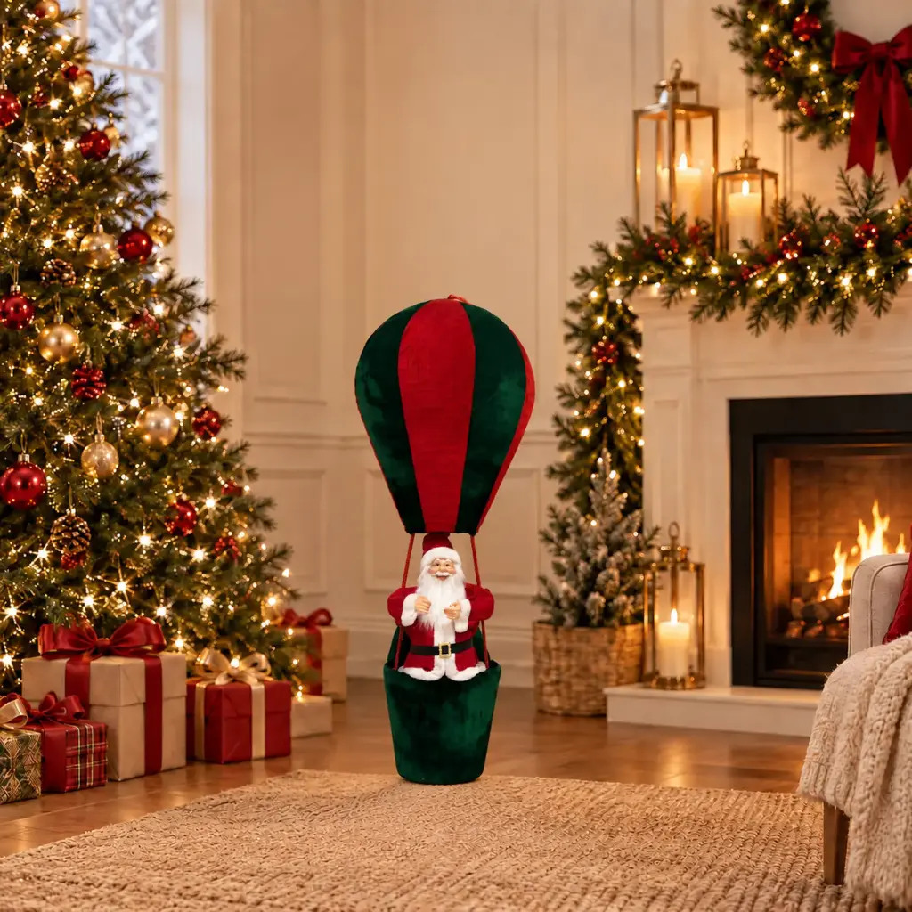 360 HOME CHRISTMAS  SANTA MONGOLFIERE RED & GREEN STRIPED HOT AIR BALLOON RED & WHITE SUIT RED HANGING LOOP 110CM 4PCS/BOX