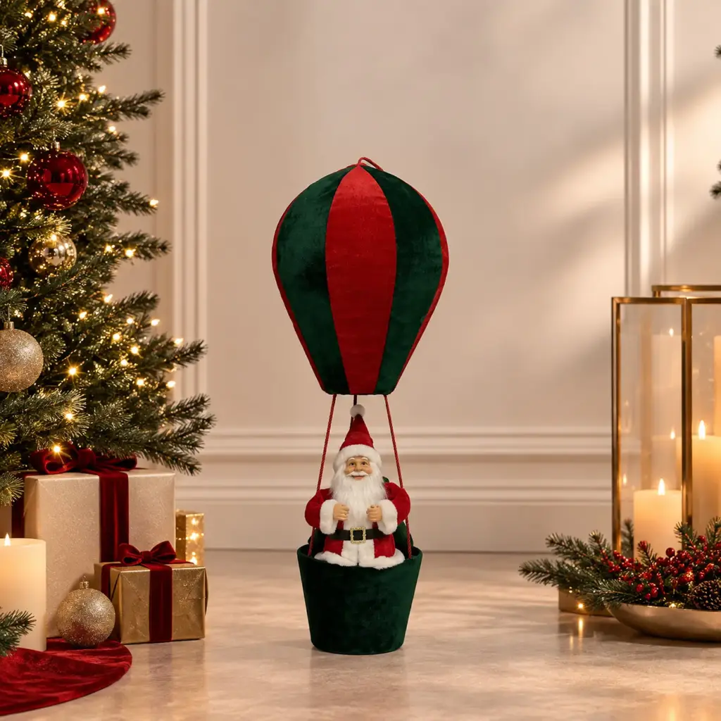 360 HOME CHRISTMAS  SANTA MONGOLFIERE RED & GREEN STRIPED HOT AIR BALLOON RED & WHITE SUIT RED HANGING LOOP  80CM 8PCS/BOX