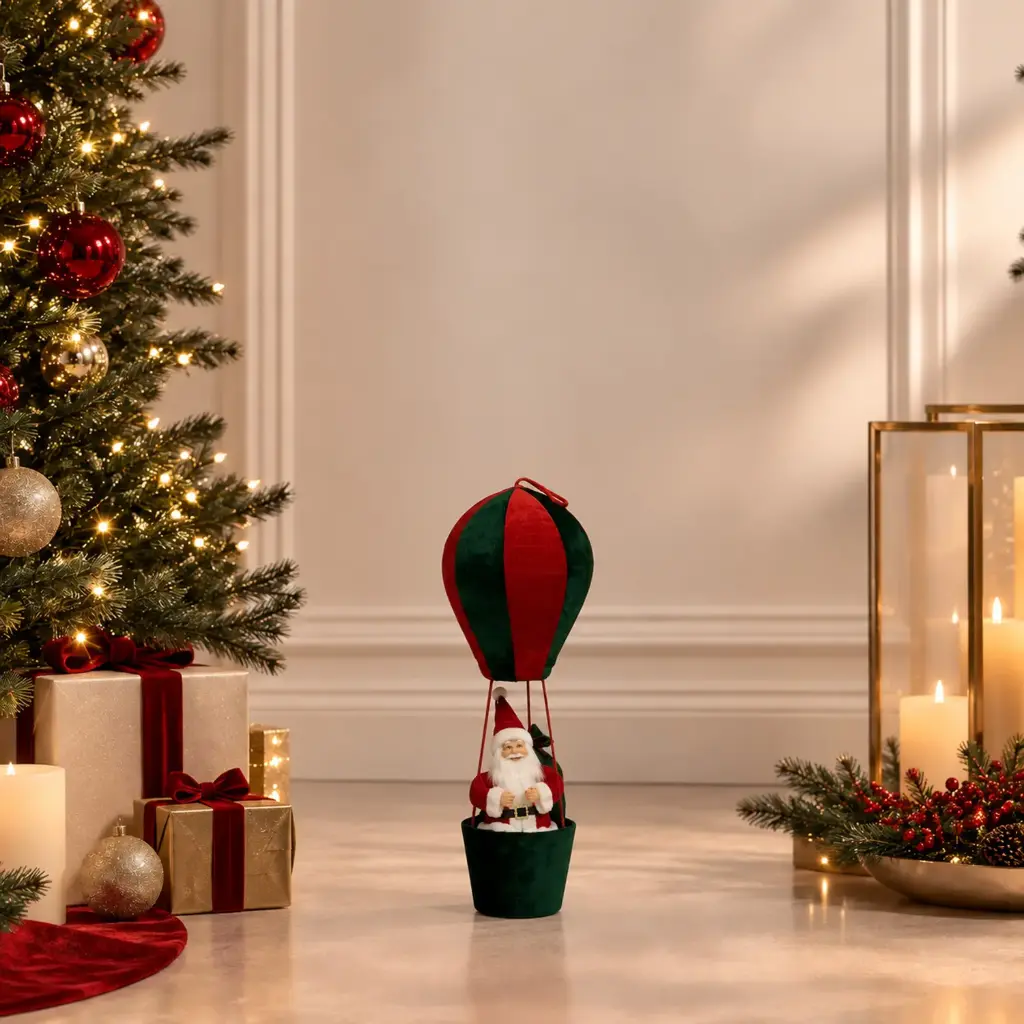 360 HOME CHRISTMAS  SANTA MONGOLFIERE RED & GREEN STRIPED HOT AIR BALLOON RED & WHITE SUIT RED HANGING LOOP 60CM 16PCS/BOX