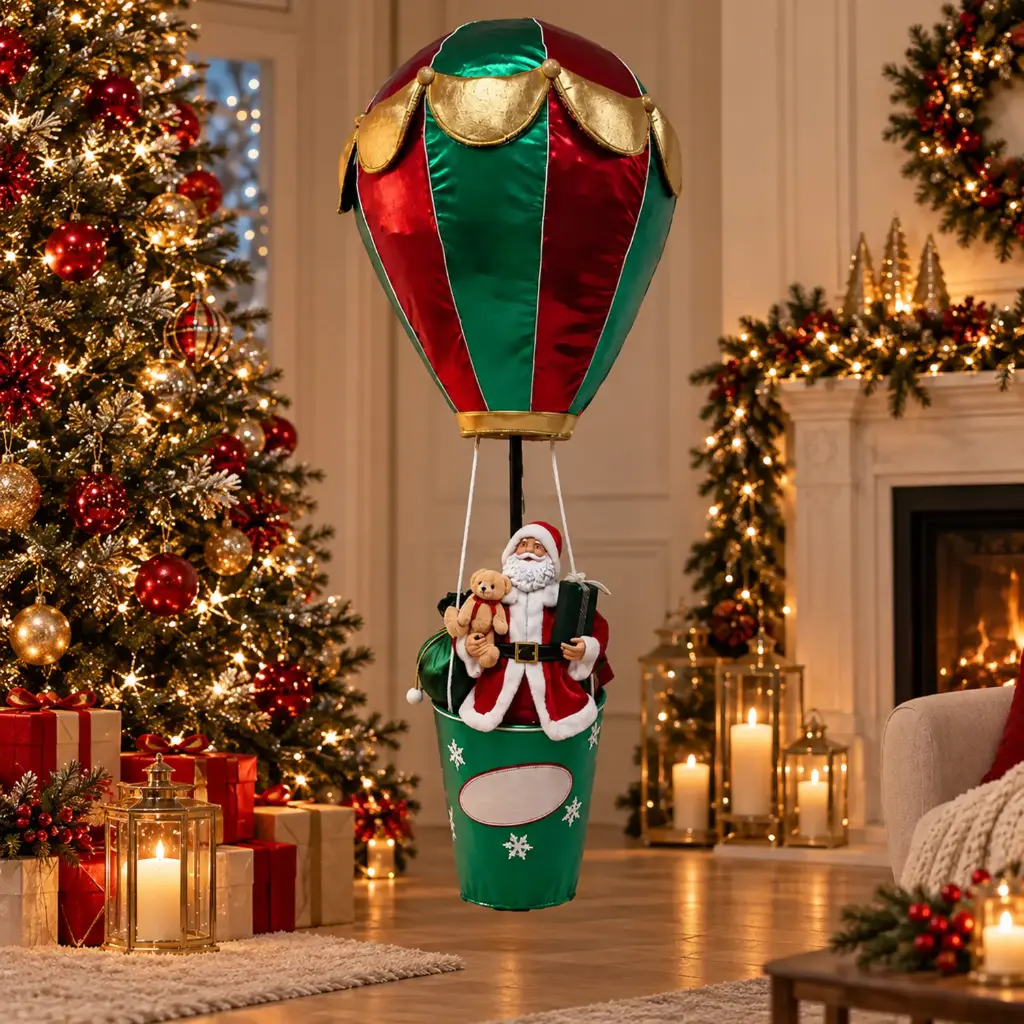 360 HOME CHRISTMAS  SANTA MONGOLFIERE RED & GREEN STRIPED HOT AIR BALLOON GOLD SCALLOPED PANEL AND TRIM  GREEN BASKET with music and lights,d 110CM  4PCS/BOX