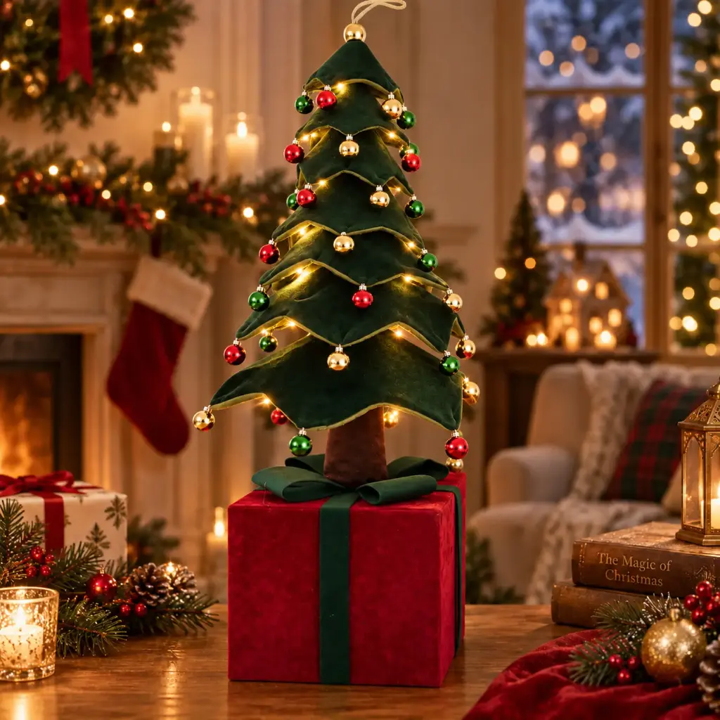360 HOME CHRISTMAS Collapsible DARK GREEN tree red gift box with dark green ribbon POINTED TOP with led lights, 3AA battery not included 150CM 1PC/BOX