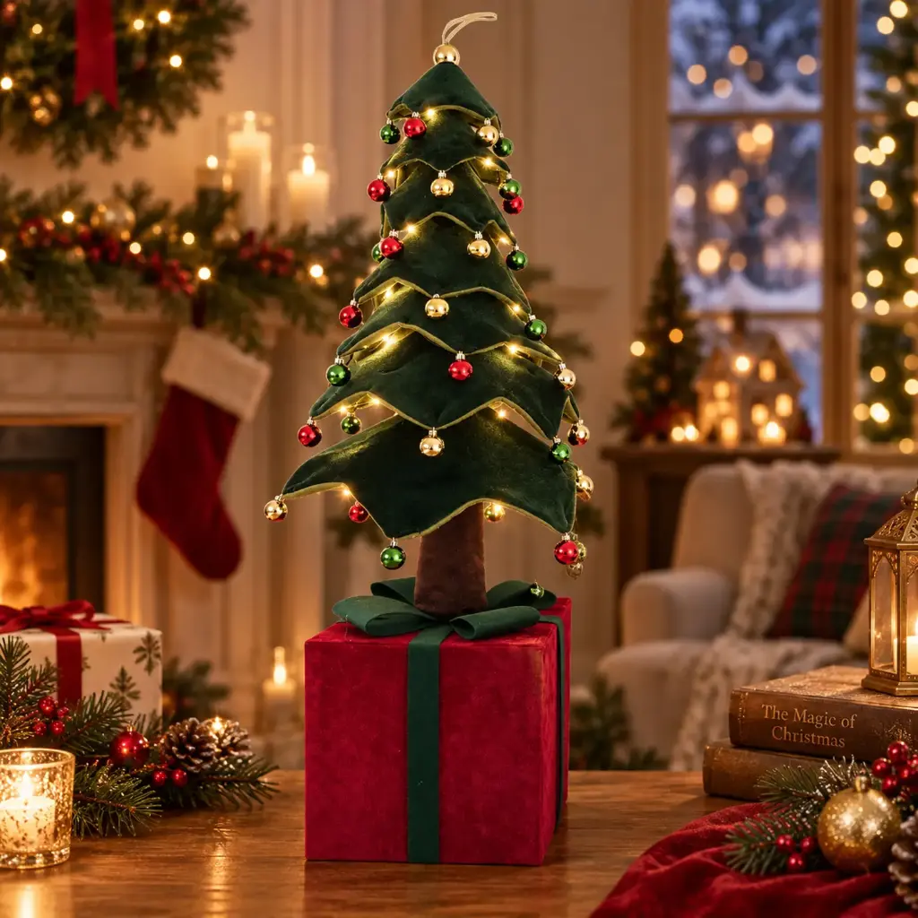 360 HOME CHRISTMAS Collapsible DARK GREEN tree red gift box with dark green ribbon POINTED TOP with led lights,3AA battery not included 110CM 4PCS/BOX