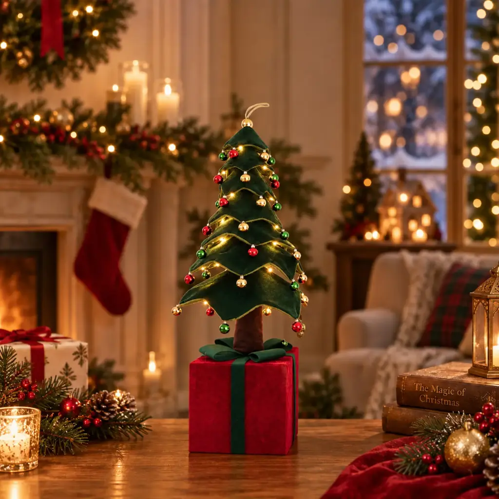 360 HOME CHRISTMAS CollapsibleDARK GREEN tree red gift box with dark green ribbon POINTED TOP with led lights,3AA battery not included 90CM 4PCS/BOX