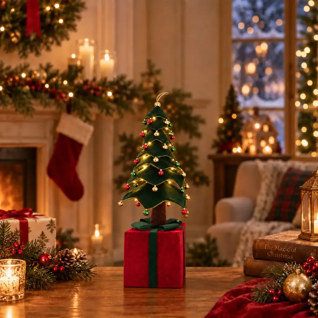 360 HOME CHRISTMAS Collapsible DARK GREEN tree red gift box with dark green ribbon with led lights 3AA battery not included 70CM 8PCS/BOX
