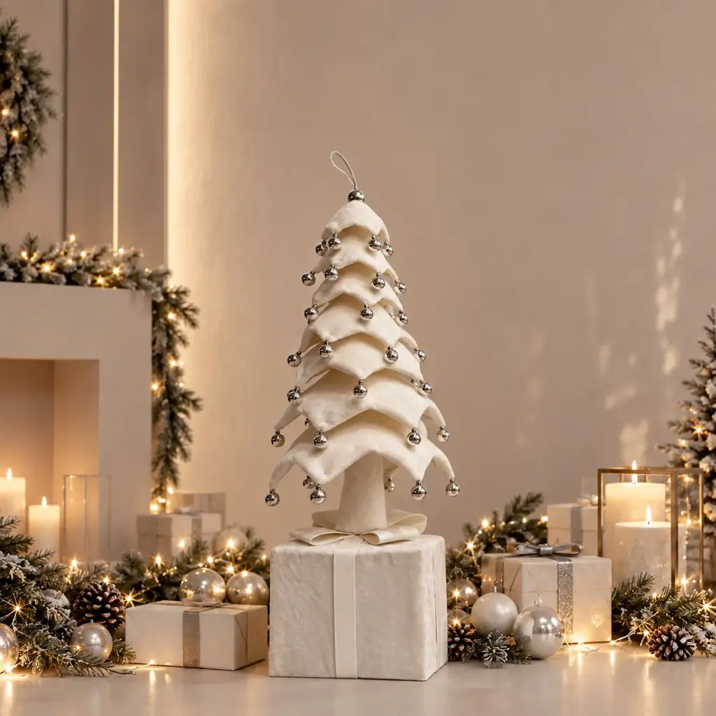 360 HOME CHRISTMAS Collapsible IVORY  DRAPED tree SILVER BEAD GARLANDS AND SILVER BAUBLES  tree with led lights,3AA battery not included 110CM 4PCS/BOX