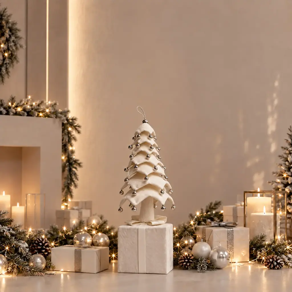 360 HOME CHRISTMAS Collapsible IVORY  DRAPED tree SILVER BEAD GARLANDS AND SILVER BAUBLES  tree with led lights, 3AA battery not included 90CM 4PCS/BOX