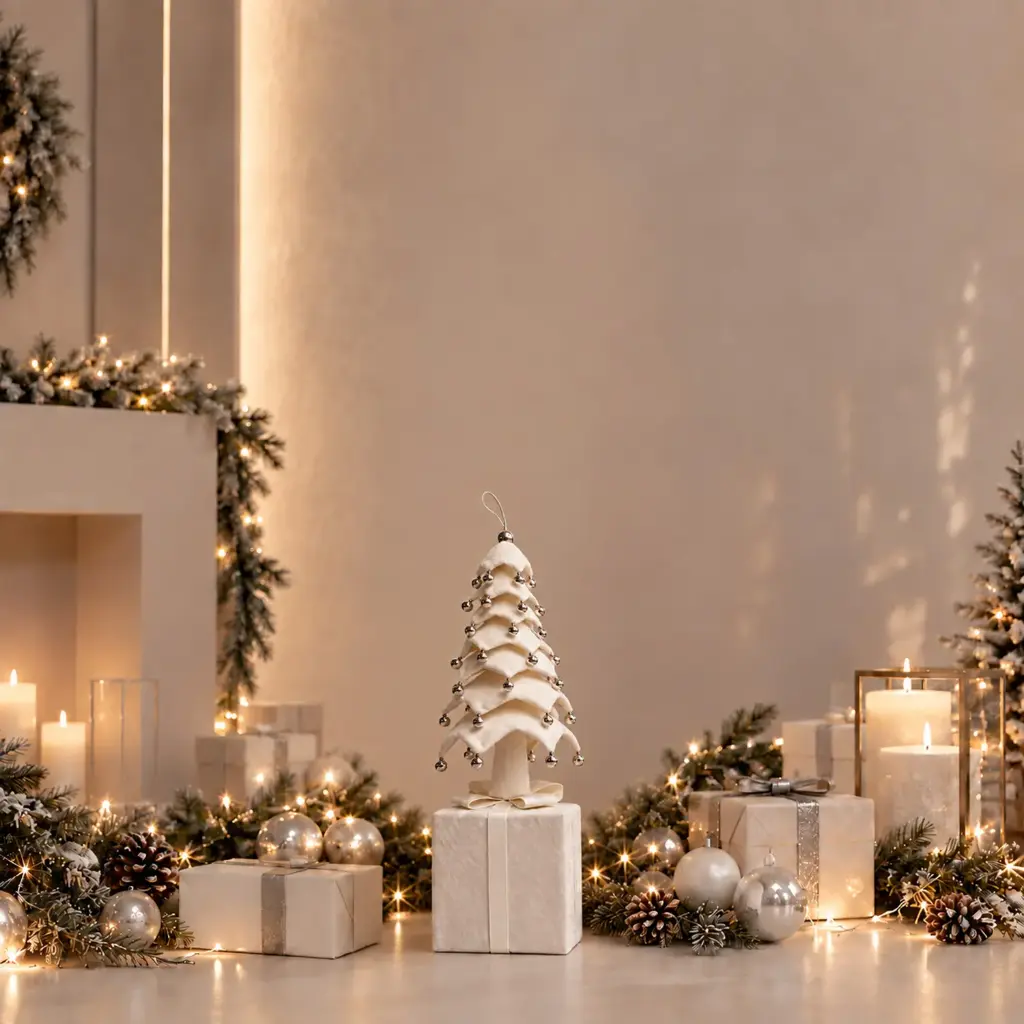 360 HOME CHRISTMAS Collapsible IVORY  DRAPED tree SILVER BEAD GARLANDS AND SILVER BAUBLES  tree with led lights,3AA battery not included 70CM 8PCS/BOX