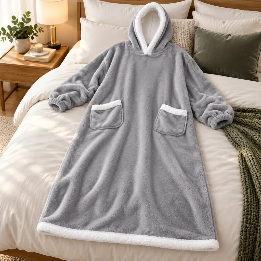 360 COTTON HOODIE BLANCKET FLEECE  LONG OVERSIZED PATCH POCKETS WHITE TRI -GREY