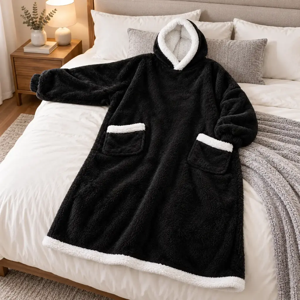 360 COTTON HOODIE BLANCKET FLEECE  LONG OVERSIZED PATCH POCKETS WHITE TRIM- BLACK