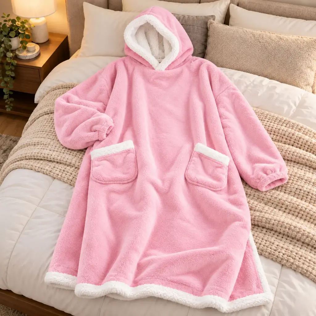 360 COTTON HOODIE BLANCKET FLEECE  LONG OVERSIZED PATCH POCKETS WHITE TRIM- PINK