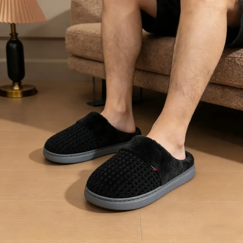 360 COTTON WINTER MEN SLIPPERS BLACK WITH WHITE FLEECE INSIDE 38-39(SUITABLE FOR SHOES 37-38）