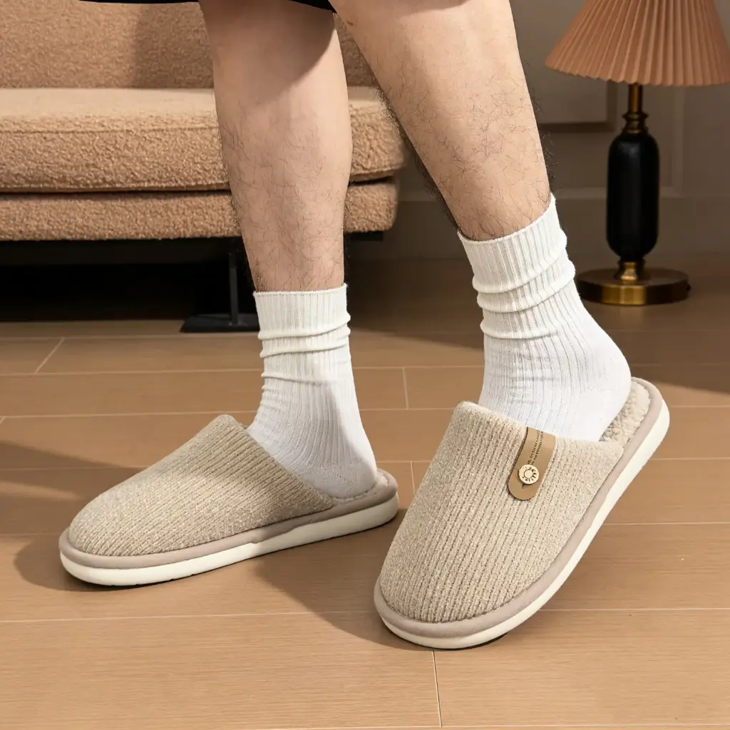 360 COTTON WINTER MEN SLIPPERS TAUPE WITH SOFT CREAM FLEECE 38-39(SUITABLE FOR SHOES 37-38）