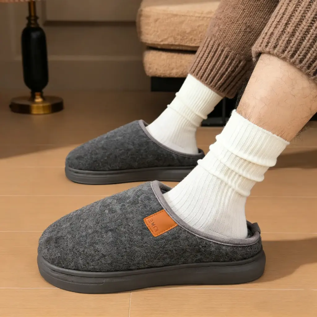 360 COTTON WINTER MEN SLIPPERS MEDIUM GREY SOFT TEXTURED KNIT FABRIC 44-45(SUITABLE FOR SHOES 43-44）