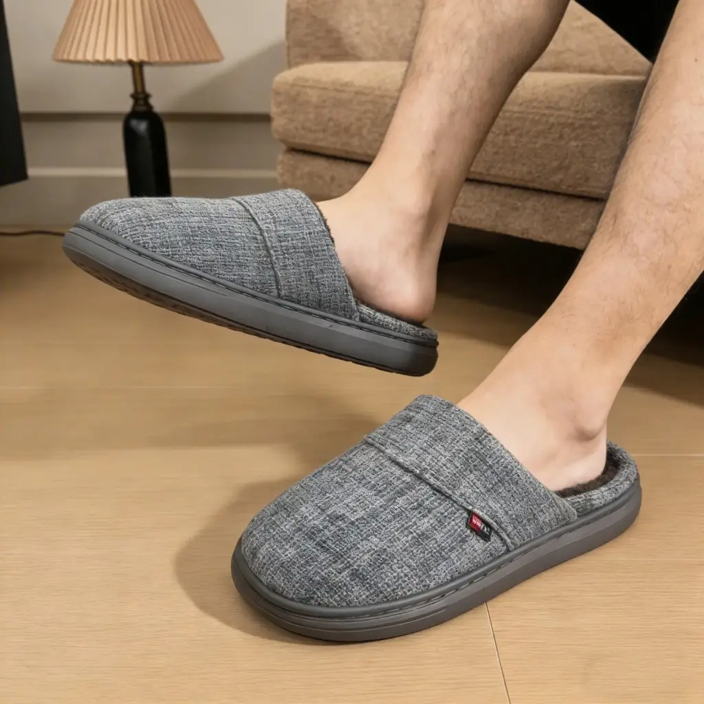 360 COTTON WINTER MEN SLIPPERS LIGHT GREY TEXTURED WOVEN FABRIC 44-45(SUITABLE FOR SHOES 43-44）
