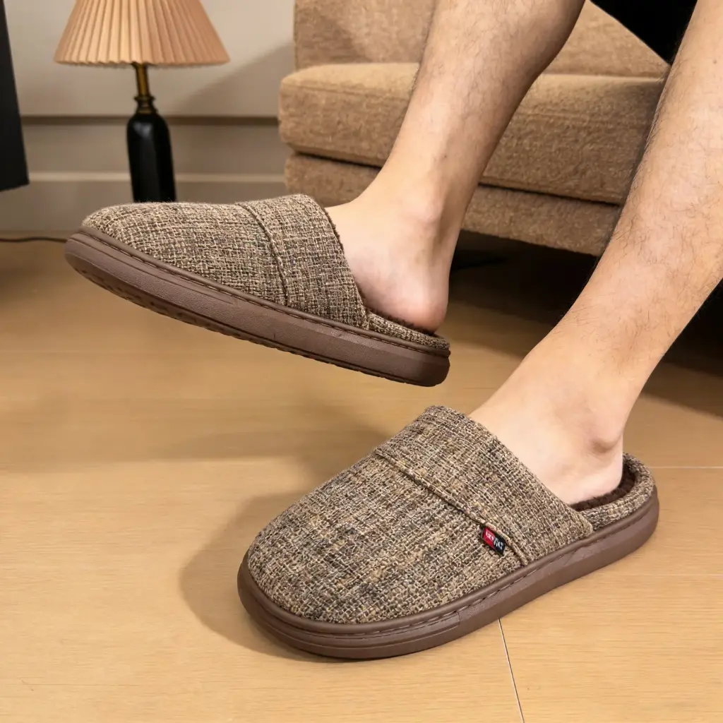 360 COTTON WINTER MEN SLIPPERS BEIGE TEXTURED WOVEN FABRIC 44-45(SUITABLE FOR SHOES 43-44）