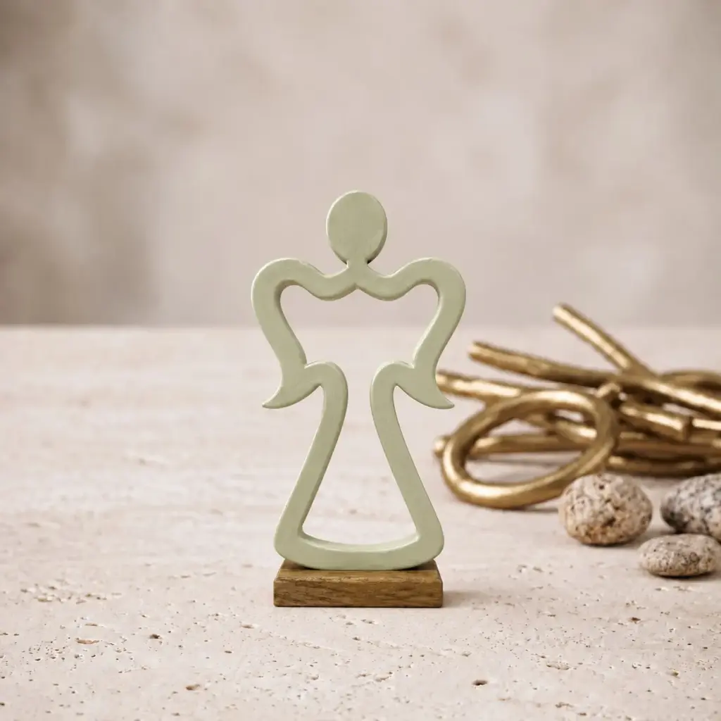 360 HOME WOODEN ANGEL SIHOUETTE FLOWING WING ARMS ON RECTANGULAR BASE
