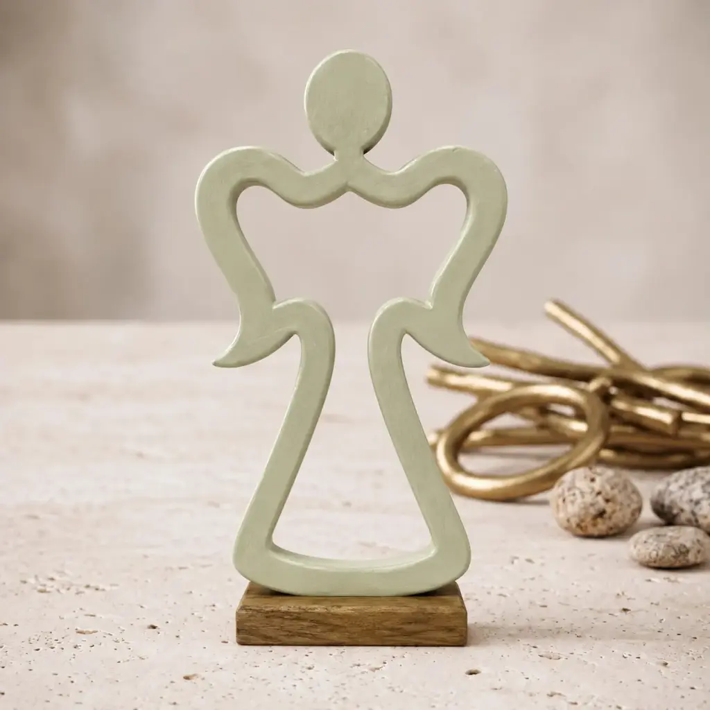 360 HOME WOODEN ANGEL SIHOUETTE FLOWING WING ARMS ON RECTANGULAR BASE