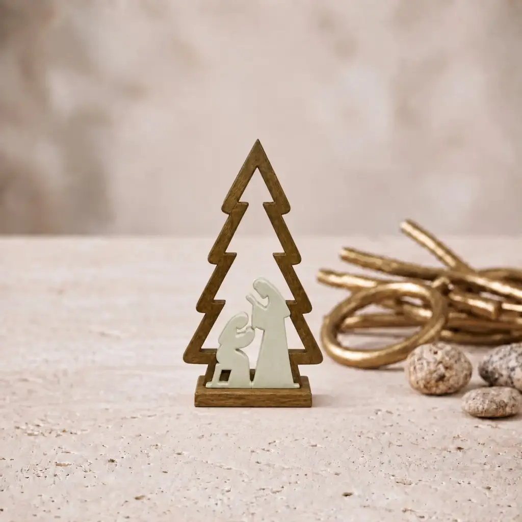 360 HOME WOODEN TREE ON RECTANGULAR BASE WITH NATIVITY SCENE WHITE & GOLD