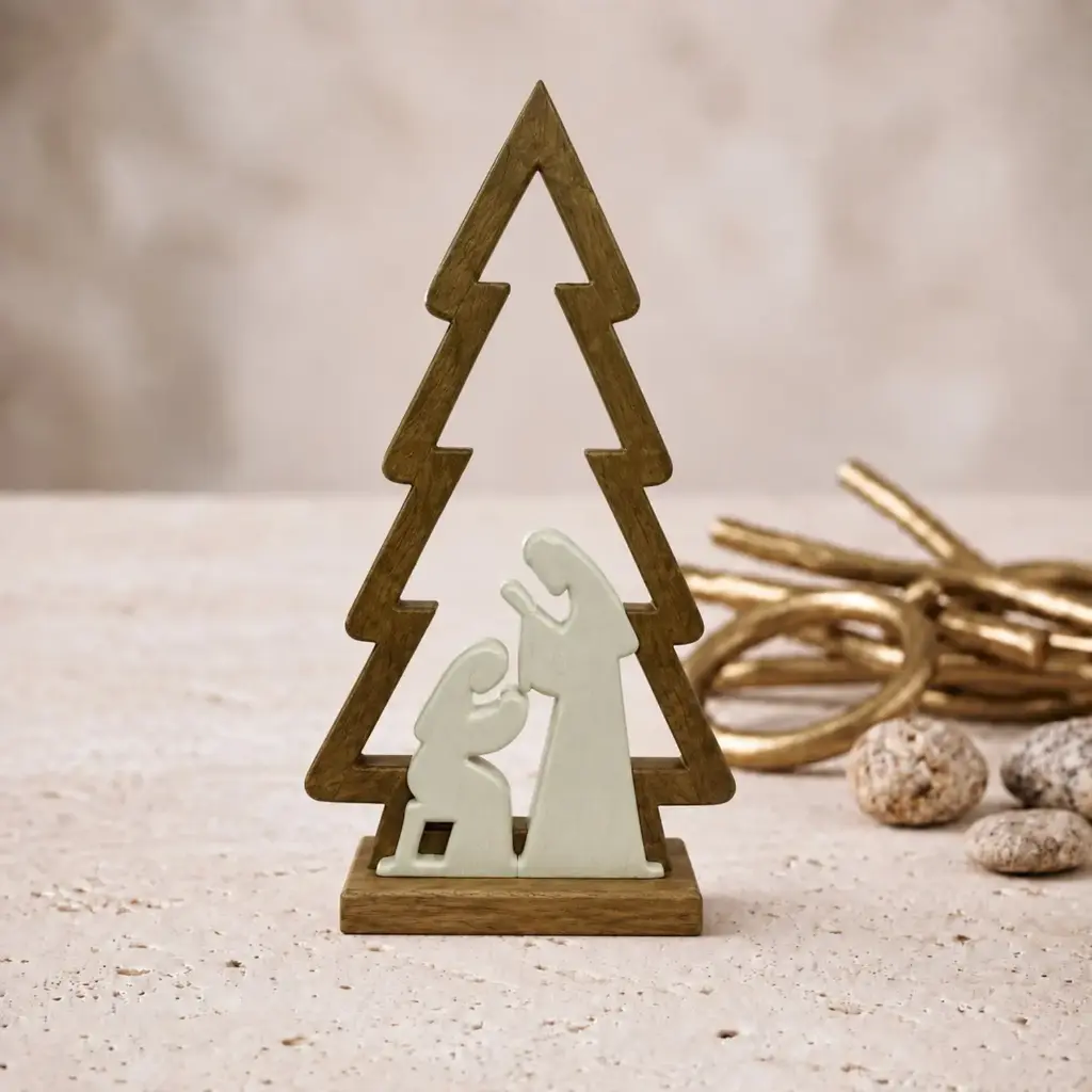 360 HOME WOODEN TREE ON RECTANGULAR BASE WITH NATIVITY SCENE WHITE & GOLD