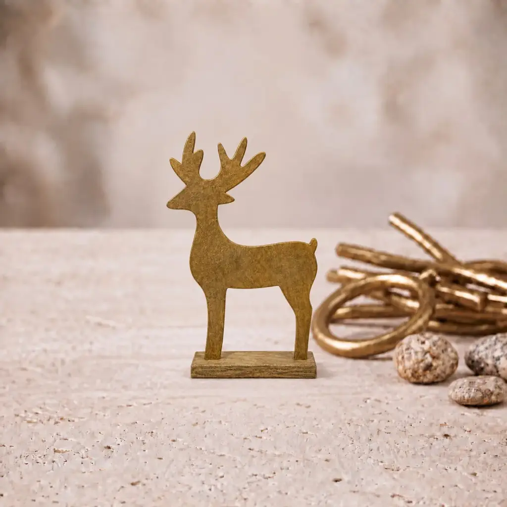 360 HOME WOODEN REINDEER GOLD-TONE PROMINENT ANTLERS ON RECTANGULAR BASE