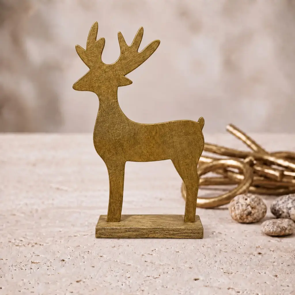 360 HOME WOODEN REINDEER GOLD-TONE PROMINENT ANTLERS ON RECTANGULAR BASE