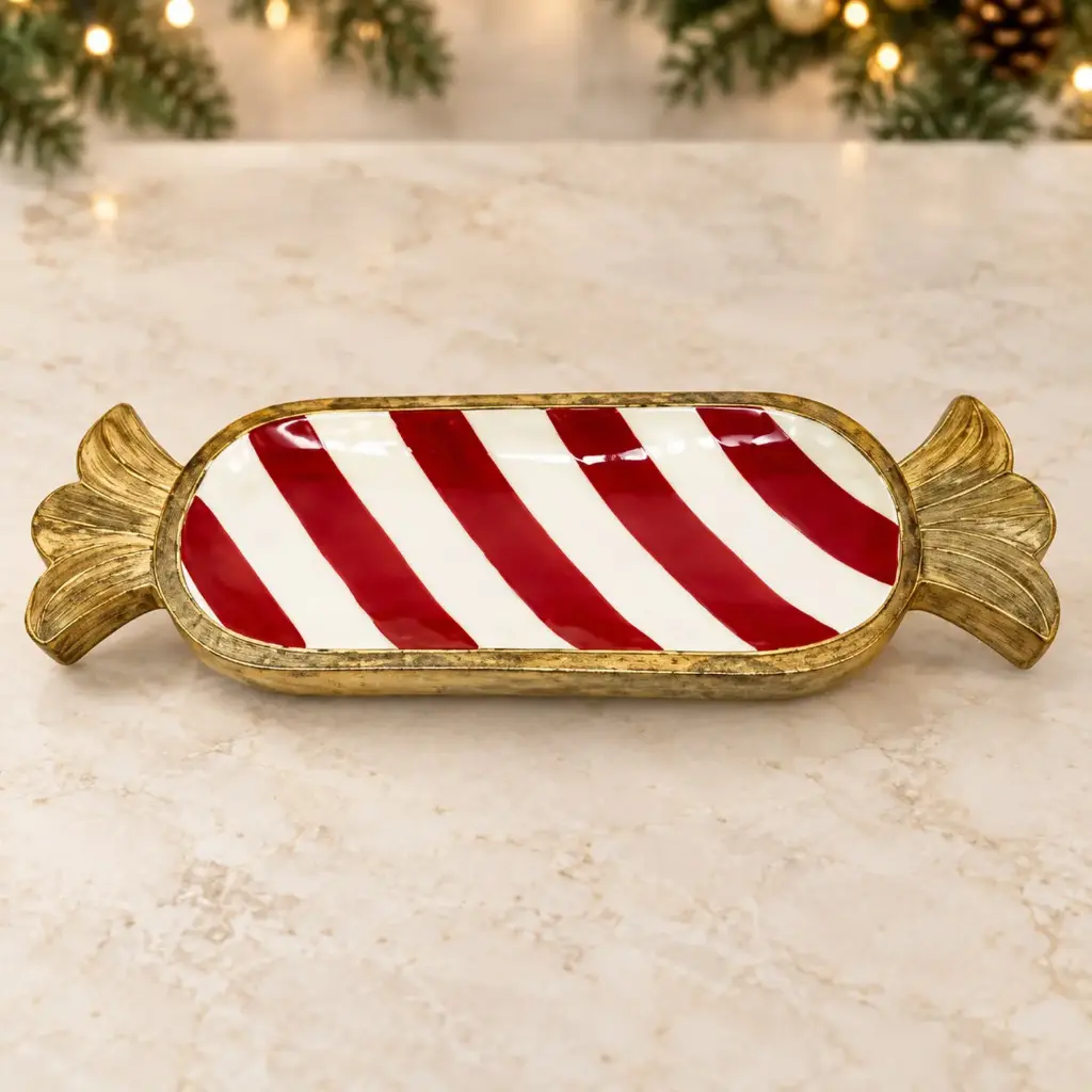360 HOME WOODEN CANDY-SHAPED PLATTER RED & WHITE STRIPES GOLD-TONE BORDER